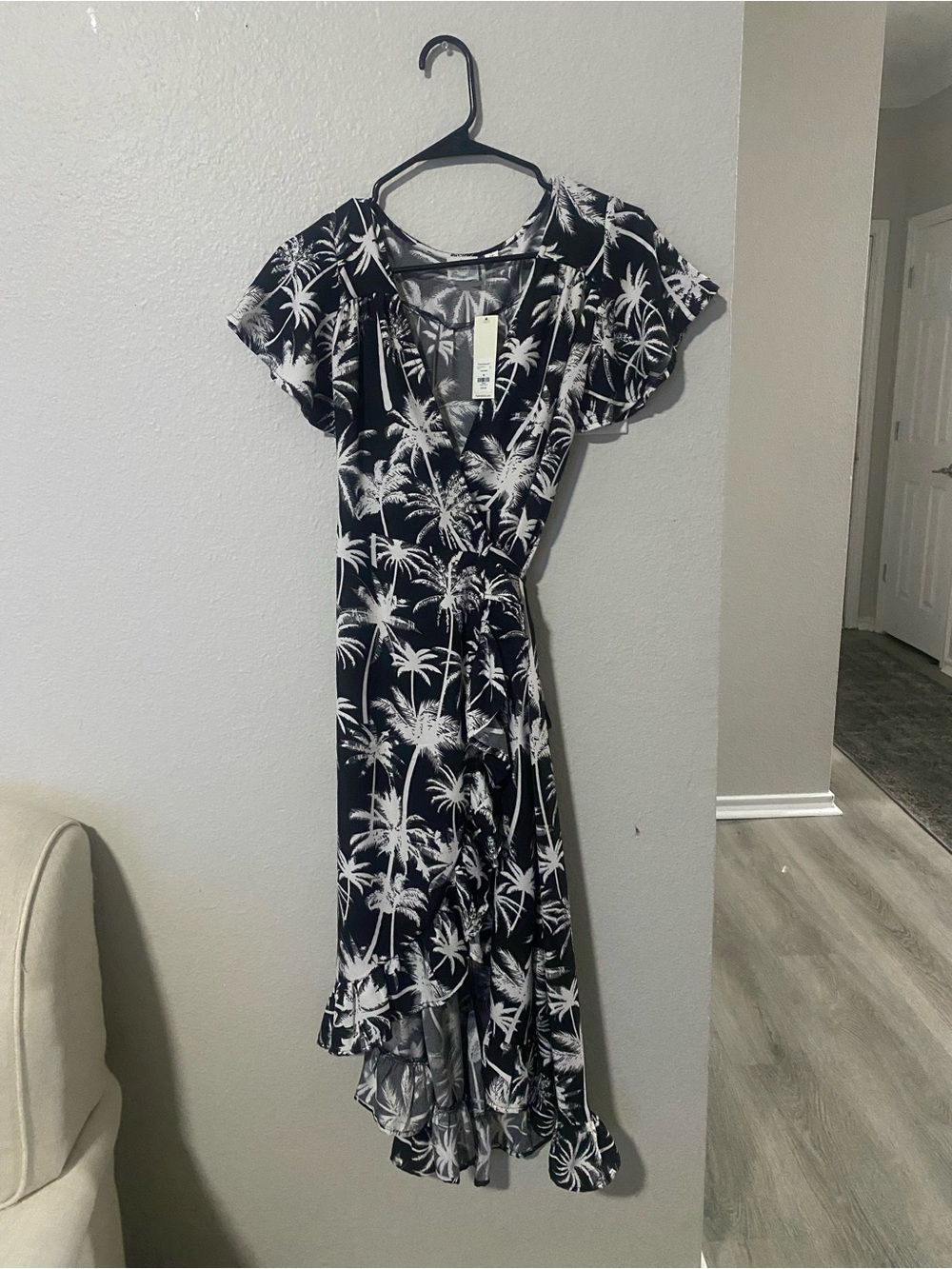Blue Rain Black & White Palm-Print High-Low Wrap Dress
